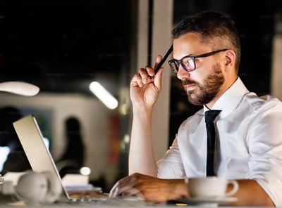 a man working late into the night at his computer